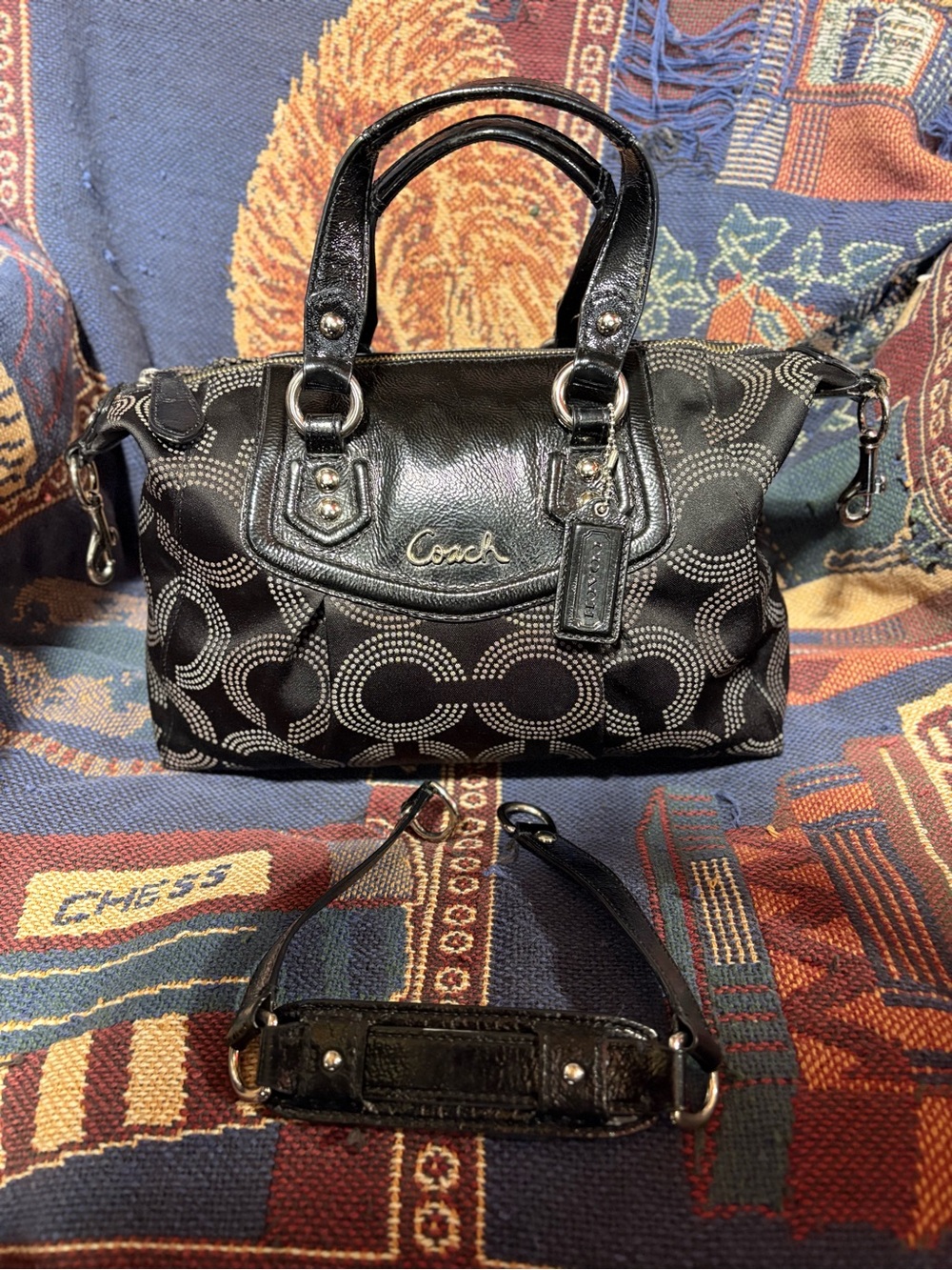 Coach Black Signature Circle Satchel with Leather Trim